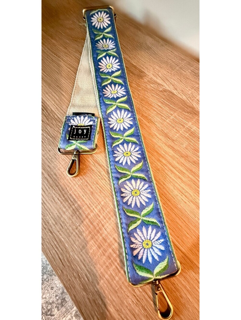 Joy Susan Blue Daisy Embroidered Boho Adjustable Guitar Purse Strap